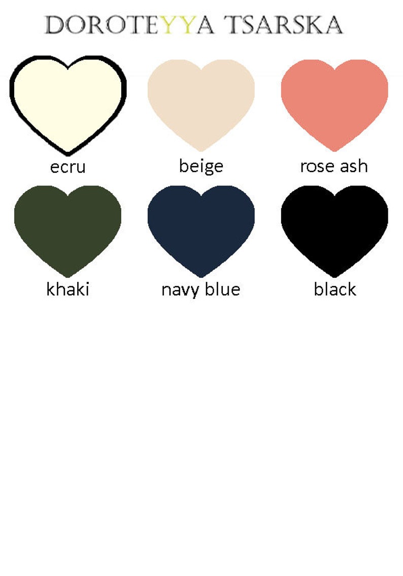 Puede incluir: Una tabla con seis muestras de color en forma de coraz&oacute;n. Los colores son crudo, beige, ceniza rosa, caqui, azul marino y negro. Los colores est&aacute;n etiquetados debajo de cada muestra.