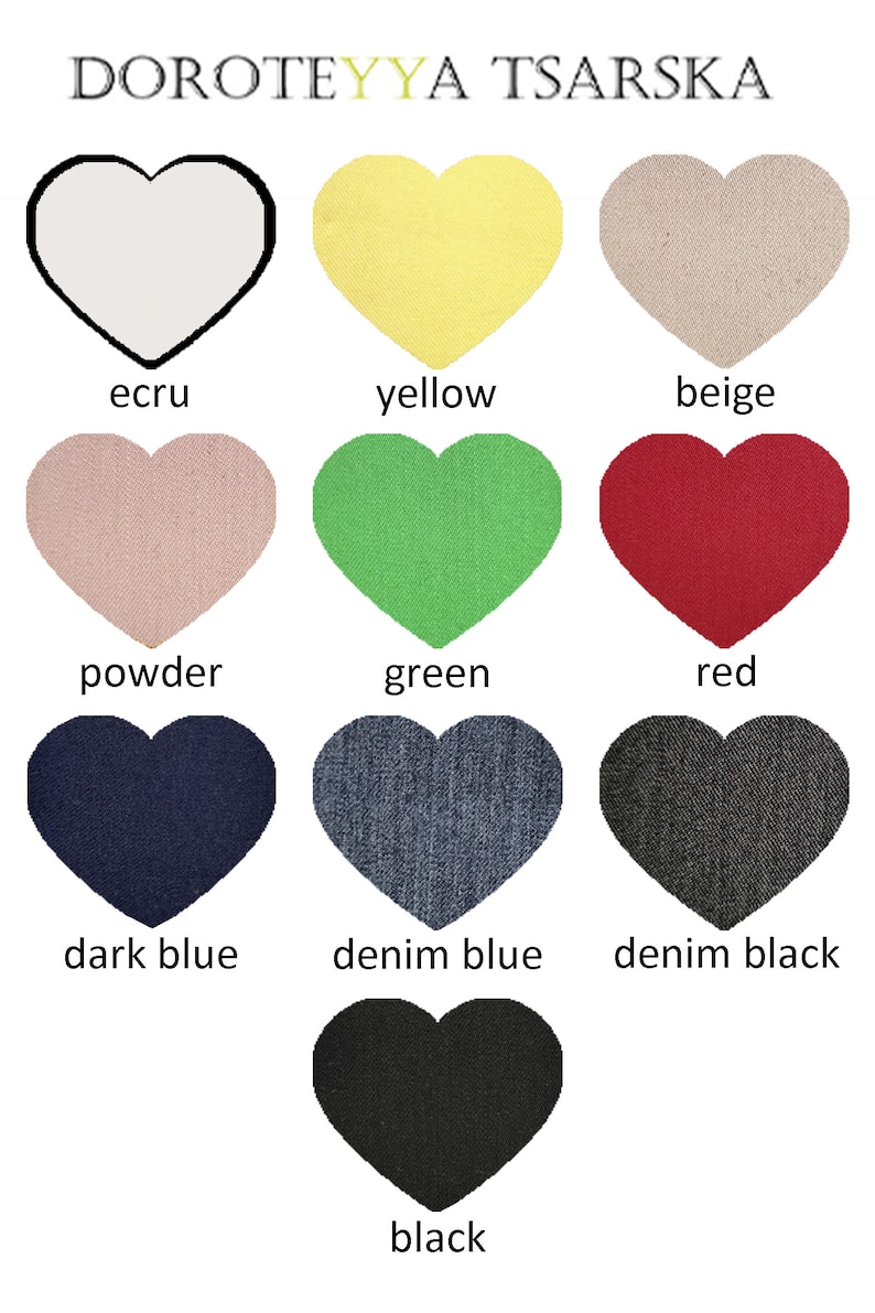 May include: A chart showing 10 different heart shapes in various colors, including ecru, yellow, beige, powder, green, red, dark blue, denim blue, denim black, and black. The text "DOROTEYYA TSARSKA" is at the top of the chart.