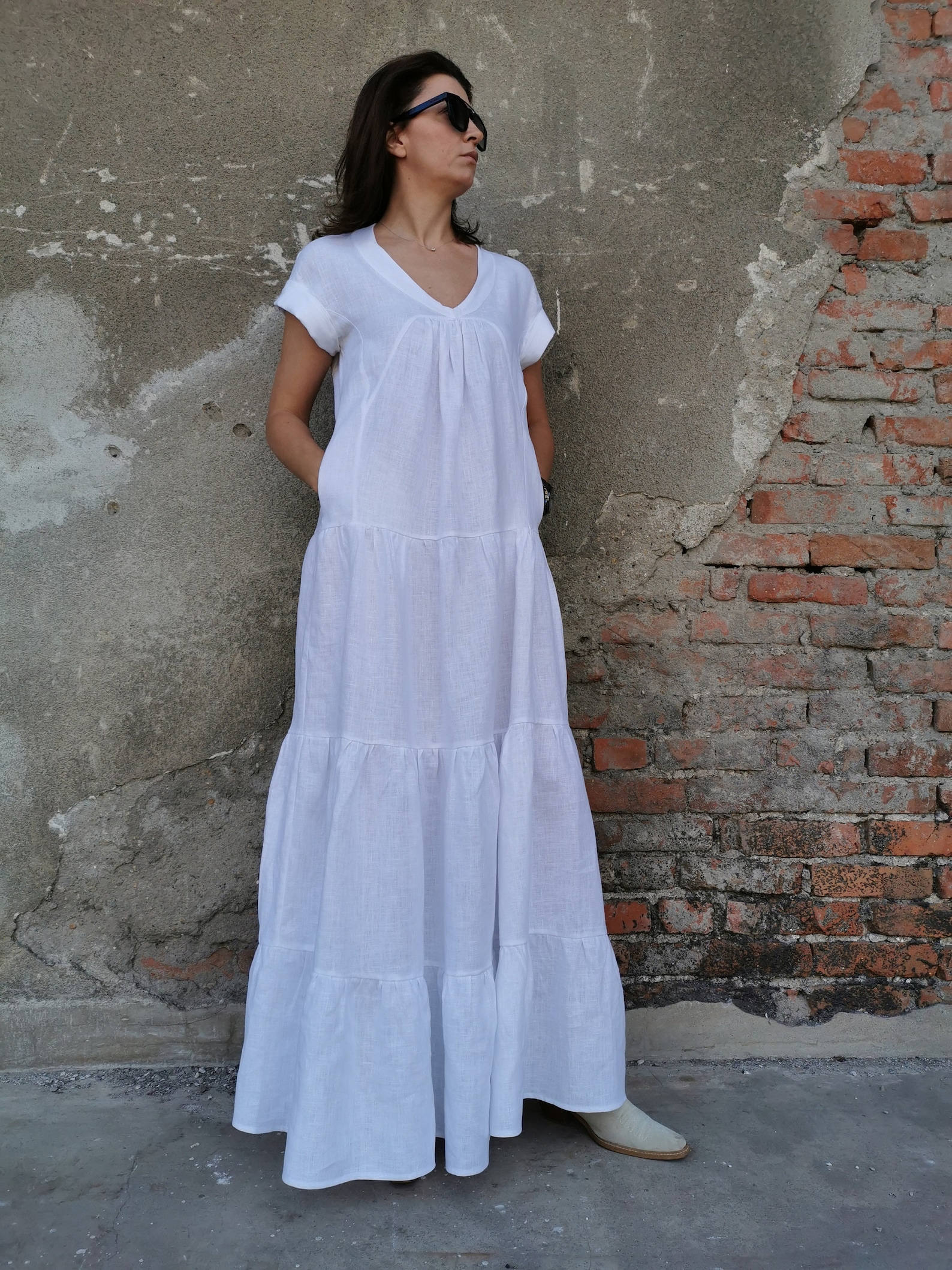 Long White Linen Dress Pure Linen Dress Short Sleeves Linen Etsy