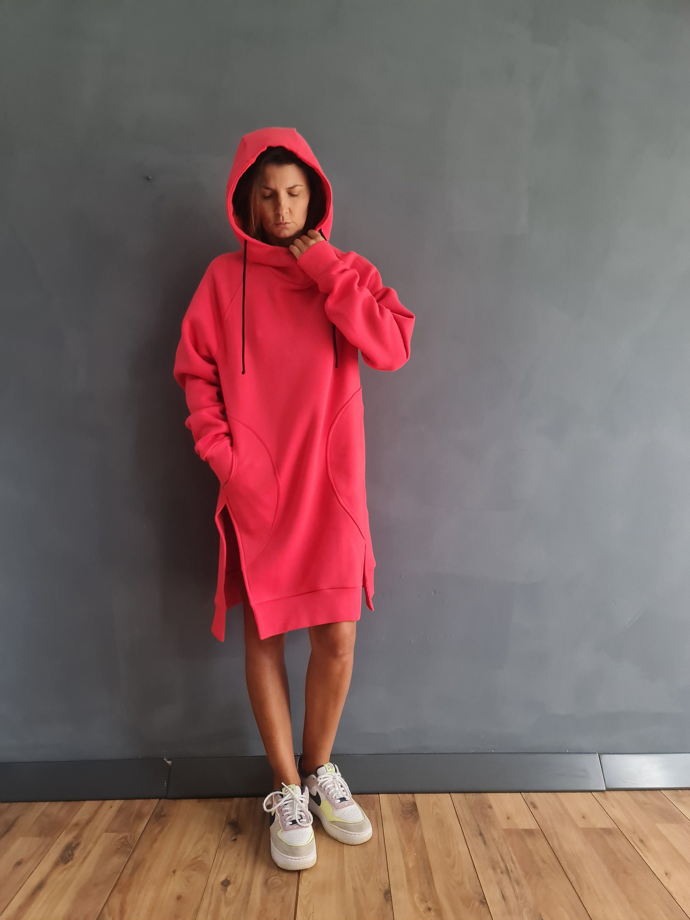 Edgy Cotton Sweatshirt Dress, Long Hoodie in Watermelon Edgy Cotton Sweatshirt Dress, Long Hoodie in Watermelon