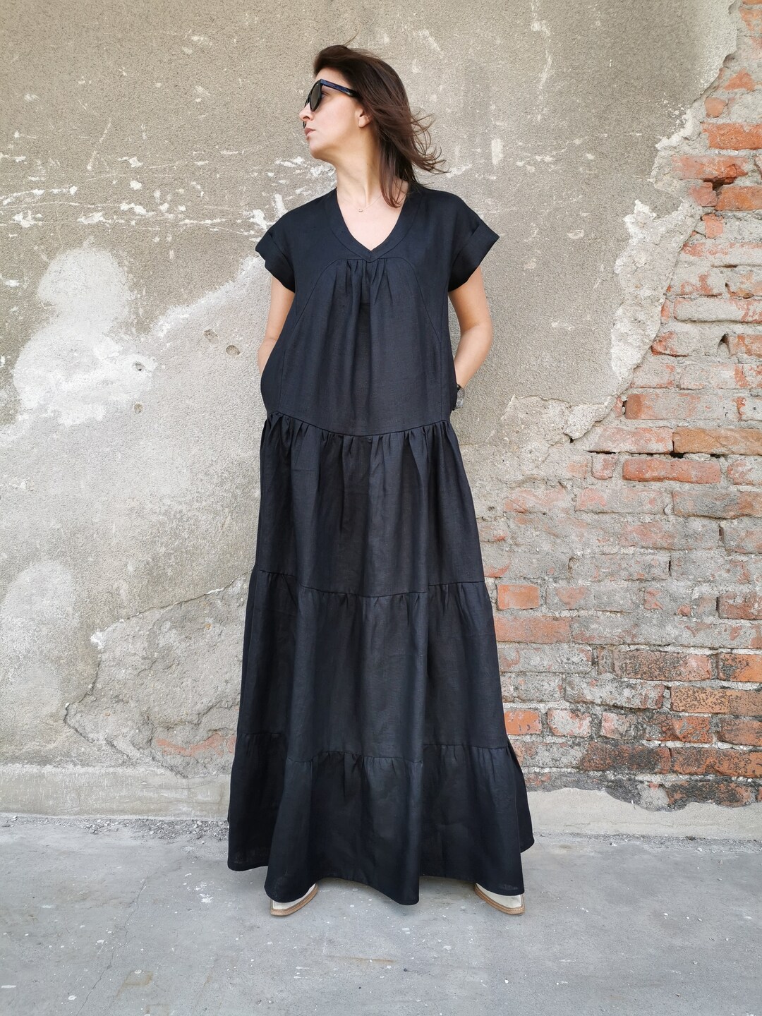 Black Linen Maxi Dress – Loose Fit Tiered Dress With Pockets – Pure ...