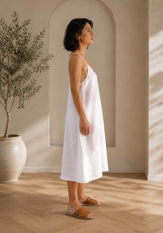 white linen slip dress White Linen Slip Dress, Loose Midi With Pockets, Minimalist Boho Summer  Dress, Elegant Resort Wear for Women