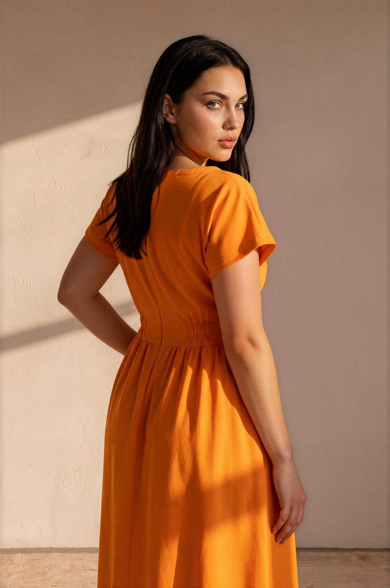 May include: A vibrant orange midi dress featuring short sleeves, a round neckline, and a fitted waistline with subtle gathering. The garment is constructed with a clean, solid-colored fabric that falls into a relaxed, flowing skirt silhouette.