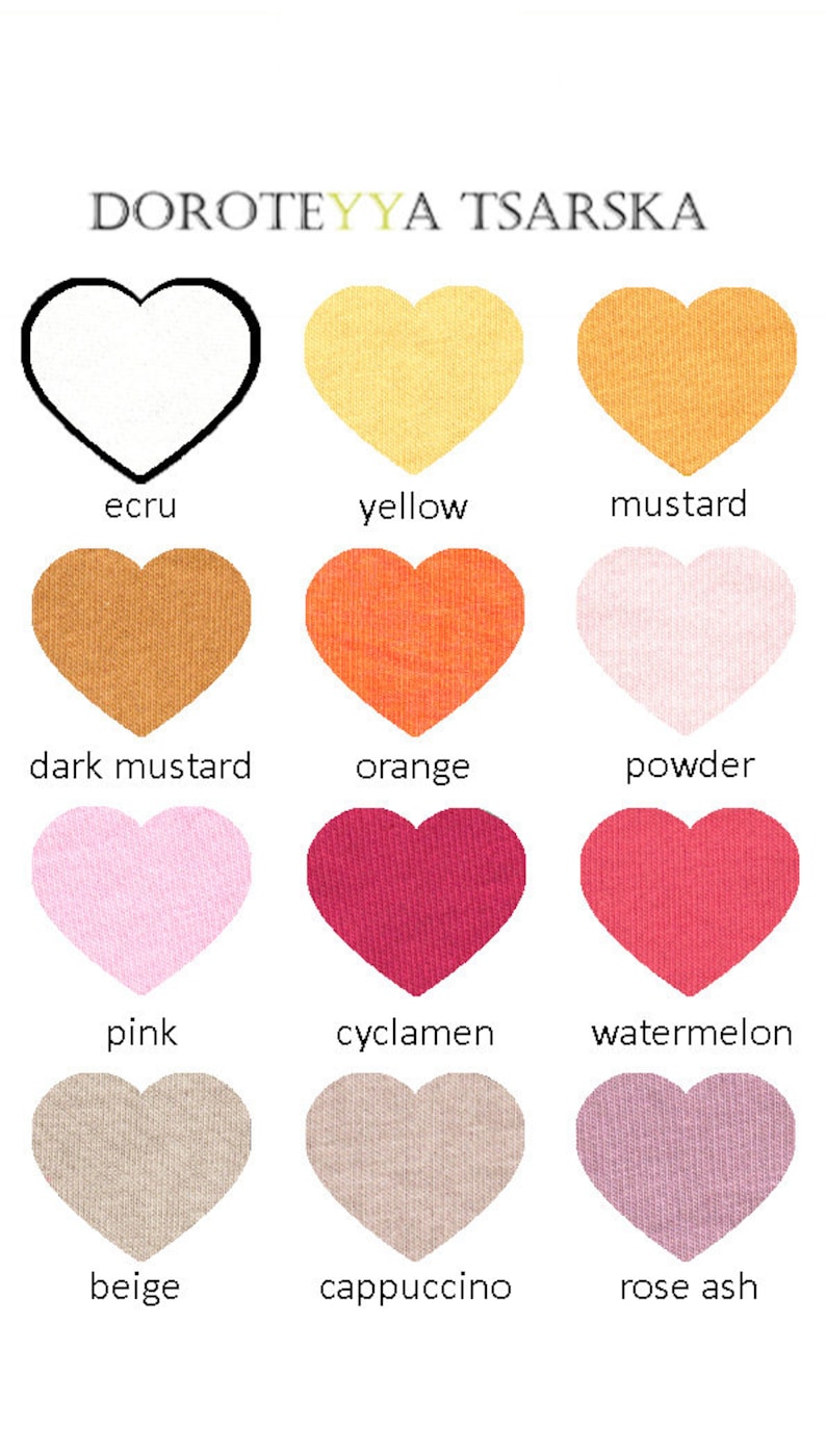 May include: A color chart with 12 heart-shaped fabric swatches. The swatches are labeled with the following colors: ecru, yellow, mustard, dark mustard, orange, powder, pink, cyclamen, watermelon, beige, cappuccino, and rose ash.