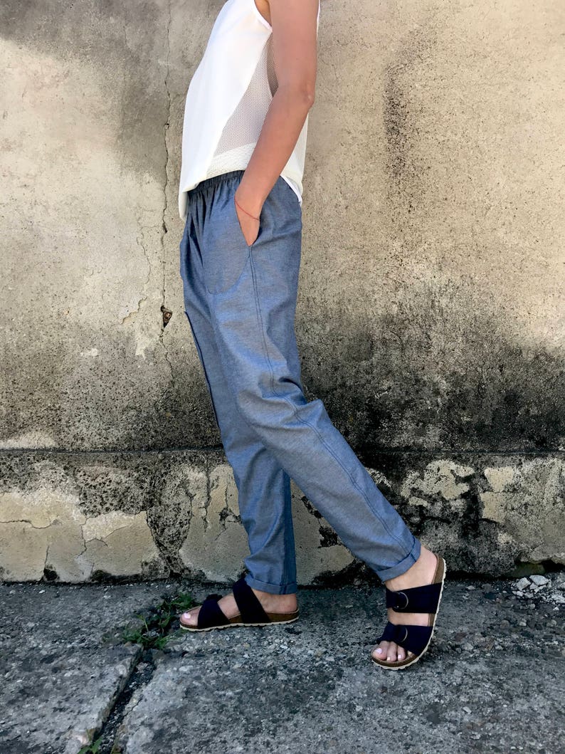 Pantalon en denim, Sarouel pour femme, Pantalon à entrejambe bas, Pantalon en denim, Pantalon ample, Pantalon à entrejambe bas, Jean bleu pour femme, Vêtements urbains image 5