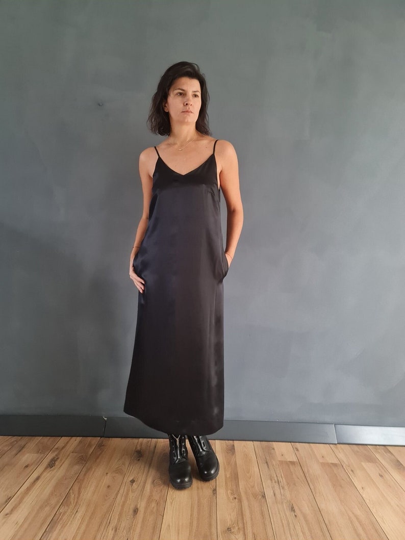 Silk Slip Dress, Black Silk Dress, Cocktail Silk Dress, Black Strappy Dress, Midi Slip Dress, Dress, Women Silk Dress, Silk Strappy Dress image 2