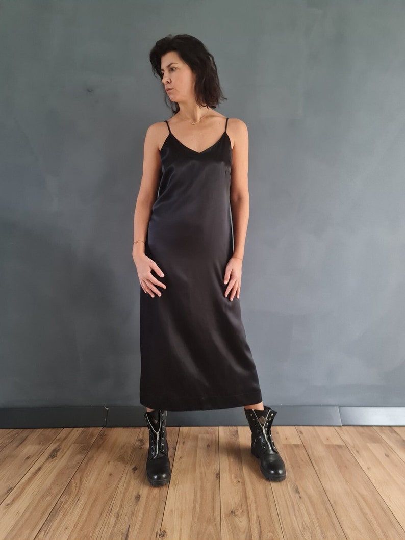 Silk Slip Dress, Black Silk Dress, Cocktail Silk Dress, Black Strappy Dress, Midi Slip Dress, Dress, Women Silk Dress, Silk Strappy Dress image 3