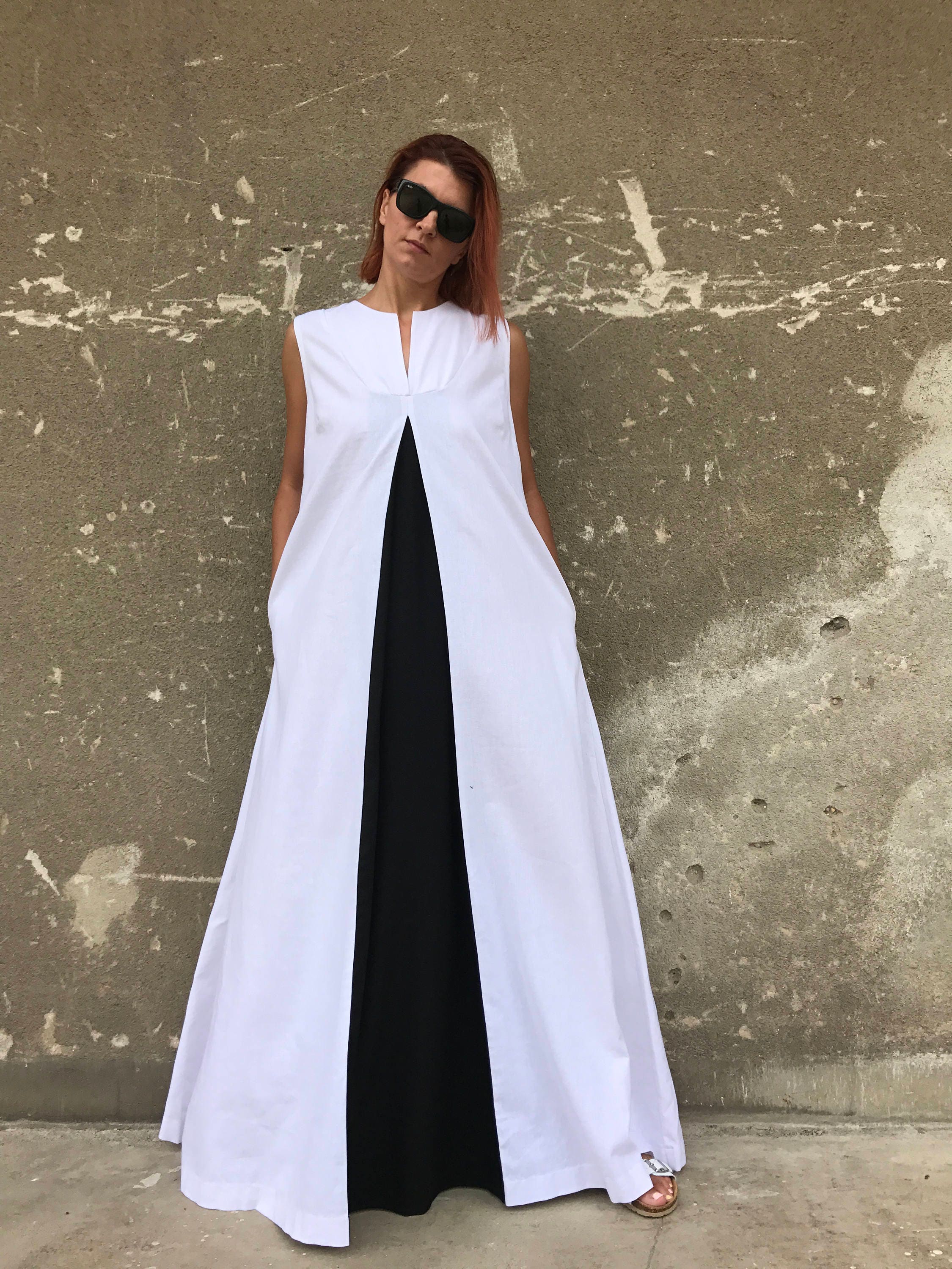 White Linen Dress, Plus Size Linen Dress, Linen Maxi Dress, White Kaftan,  Avant Garde Linen, White Dress, Casual Dress,black and White Dress -   Canada