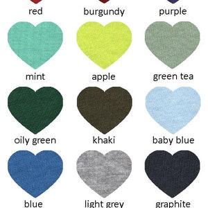 May include: A color chart by DOROTEYYA TSARSKA featuring fourteen heart-shaped fabric swatches in red, burgundy, purple, mint, apple, green tea, oily green, khaki, baby blue, blue, light grey, graphite, brown, and black, each labeled below.
