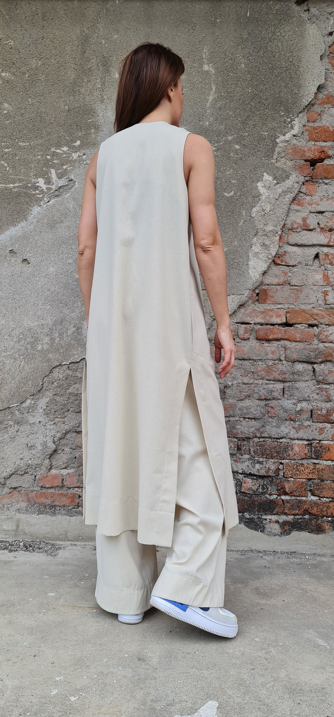 Long Linen Vest, Sleeveless Cardigan Vest, Linen Cardigan