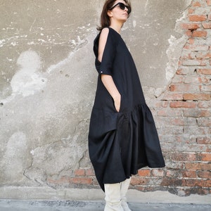 Black Asymmetric Linen Dress, Pure Linen Dress, Black Linen Dress, Linen Dress, Black Loose Linen Dress, Formal Linen Dress, Black Dress image 3