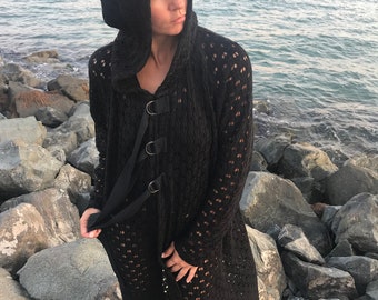 Long Hooded Cardigan, Black Knit Cardigan, Loose Fit Cardigan, Womens Knit Cardigan, Hooded Black Cardigan, Long Knit Cardigan, Beach Wear