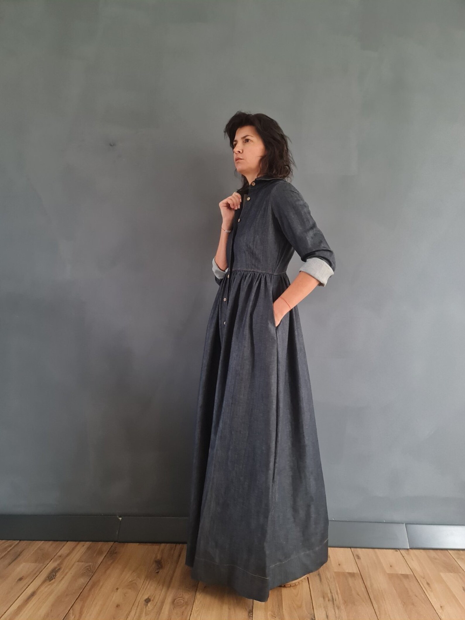Denim Stretch Women Maxi Shirt Dress