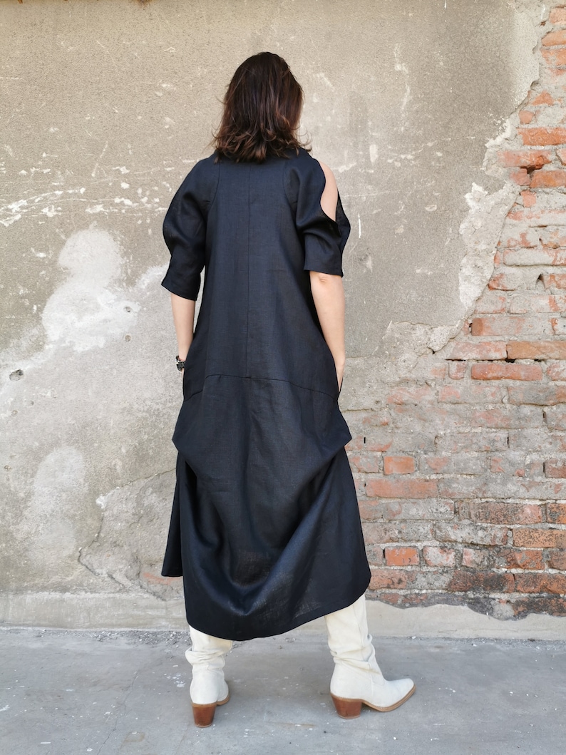 Black Asymmetric Linen Dress, Pure Linen Dress, Black Linen Dress, Linen Dress, Black Loose Linen Dress, Formal Linen Dress, Black Dress image 6