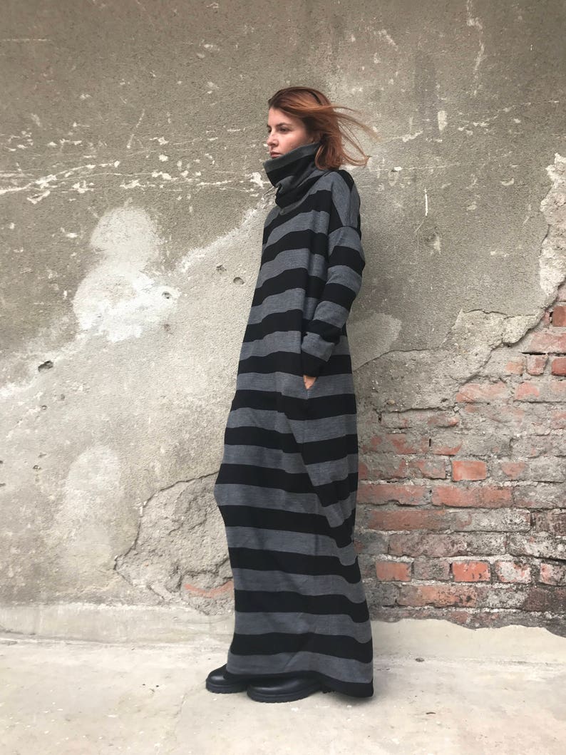 Winter Maxi Dress, Sweater Dress, Plus Size Clothing, Women Kaftan Dress, Turtleneck Dress, Maxi Dress, Striped Dress,Gray Dress,Loose Dress image 5