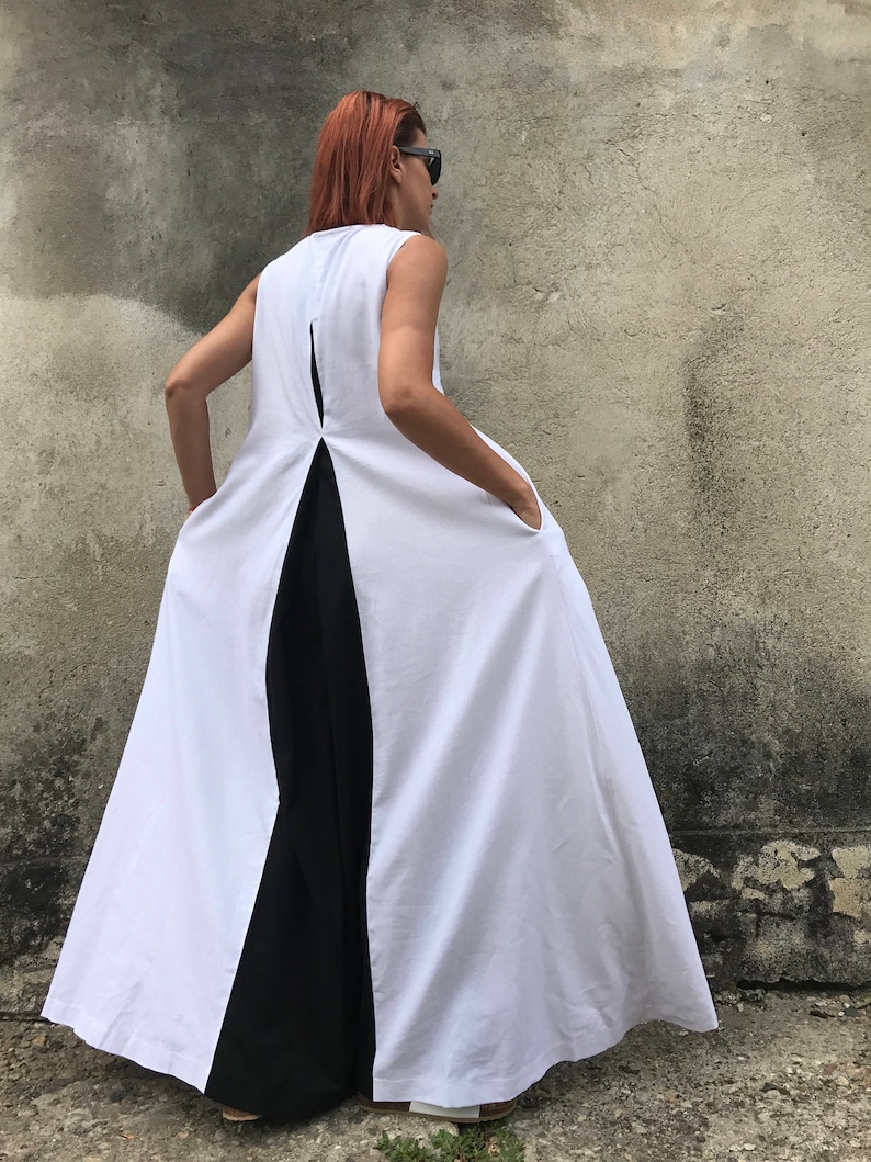 White Linen Dress, Plus Size Linen Dress, Linen Maxi Dress, White Kaftan, Avant Garde Linen, White Dress, Casual Dress,Black And White Dress image 6