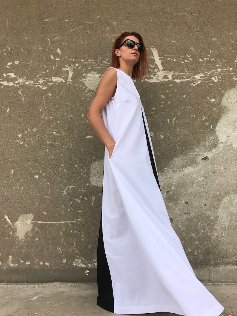 White Linen Dress, Plus Size Linen Dress, Linen Maxi Dress, White Kaftan, Avant Garde Linen, White Dress, Casual Dress,Black And White Dress image 5