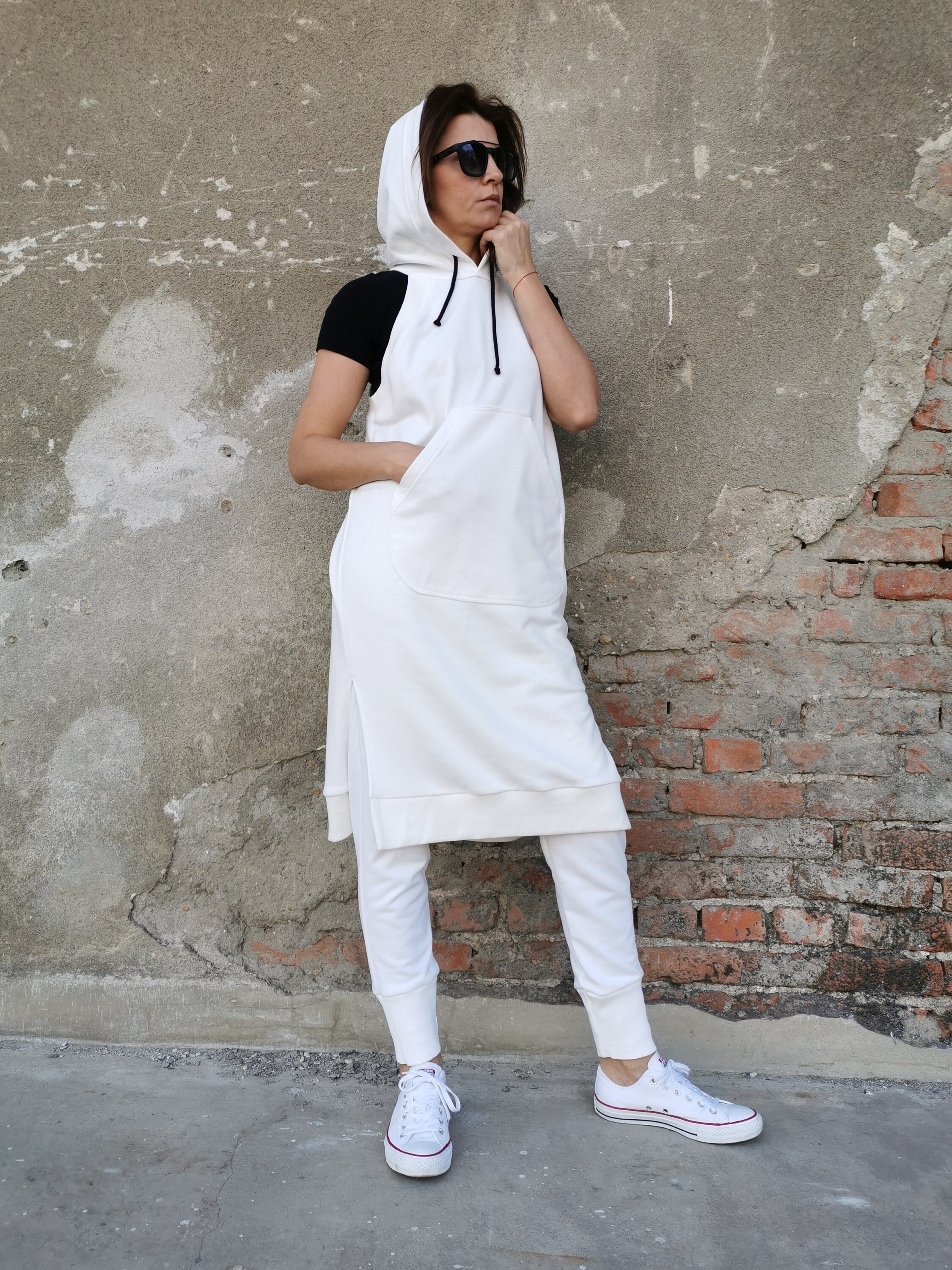 Sleeveless Sweatshirt Dress, Sleeveless Midi Dress, Hooded