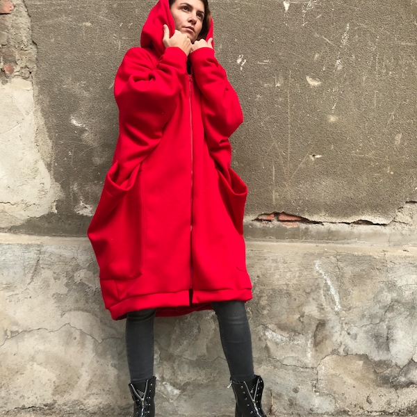 Lockerer Baumwollmantel, Plus Size Mantel, Kapuzenmantel, Maxi Mantel, rote Jacke, roter Mantel, Kleidung in Übergröße, minimalistische Kleidung, Jacke mit großer Tasche