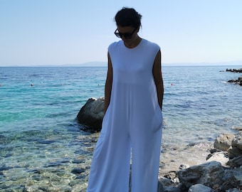 White Women Jumpsuit, Wide Leg Romper, Beach Outfit