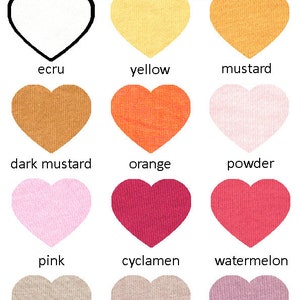 May include: A color chart by DOROTEYYA TSARSKA featuring twelve heart-shaped fabric swatches in various colors labeled ecru, yellow, mustard, dark mustard, orange, powder, pink, cyclamen, watermelon, beige, cappuccino, and rose ash.