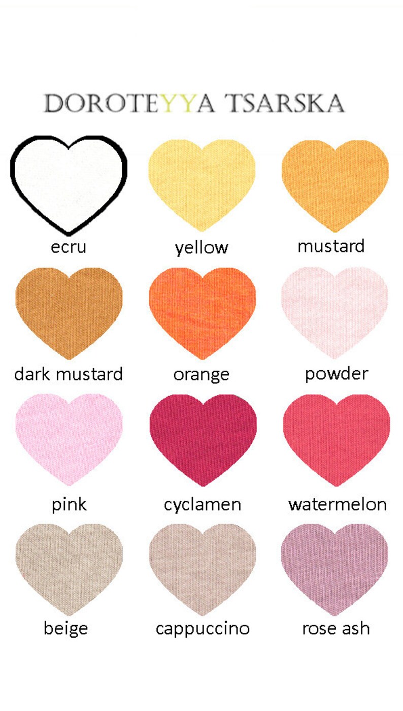 May include: A color chart by DOROTEYYA TSARSKA featuring twelve heart-shaped fabric swatches in various colors labeled ecru, yellow, mustard, dark mustard, orange, powder, pink, cyclamen, watermelon, beige, cappuccino, and rose ash.