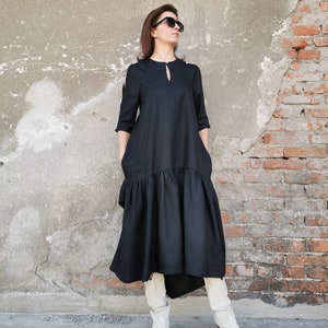 Black Asymmetric Linen Dress, Pure Linen Dress, Black Linen Dress, Linen Dress, Black Loose Linen Dress, Formal Linen Dress, Black Dress image 1