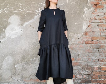 Black Linen Dress - Perfect for Any Occasion - Asymmetric Design, Classic Elegance, Black Loose Linen Dress, Formal Linen Dress, Black Dress