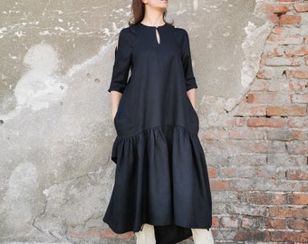 Black Asymmetric Linen Dress, Pure Linen Dress,  Black Linen Dress, Linen Dress, Black Loose Linen Dress, Formal Linen Dress, Black Dress