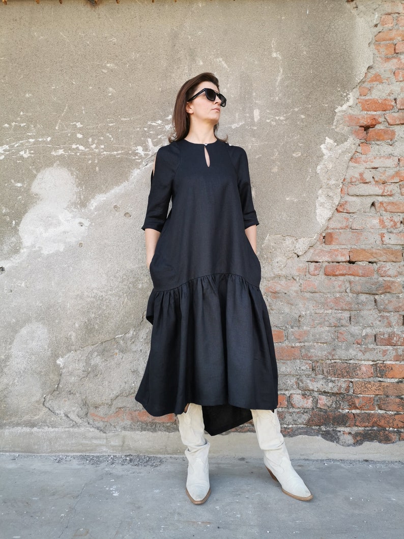 Black Asymmetric Linen Dress, Pure Linen Dress, Black Linen Dress, Linen Dress, Black Loose Linen Dress, Formal Linen Dress, Black Dress image 1