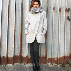 Womens Wool Coat, Womens Winter Coat, Gray Coat, High Collar Coat, Fall Winter Clothing, Wrap Coat, Plus Size Coat, Warm Coat, Women Coat image 3