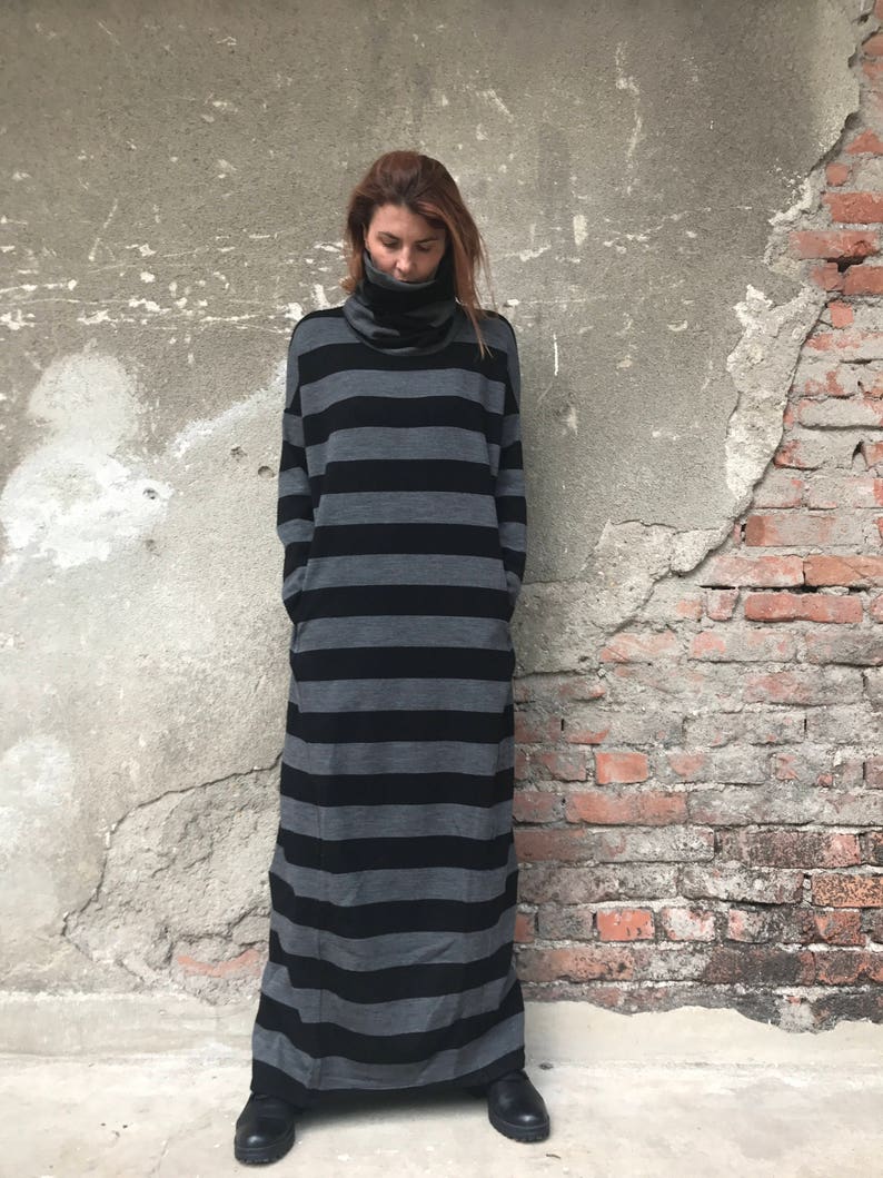 Winter Maxi Dress, Sweater Dress, Plus Size Clothing, Women Kaftan Dress, Turtleneck Dress, Maxi Dress, Striped Dress,Gray Dress,Loose Dress image 3