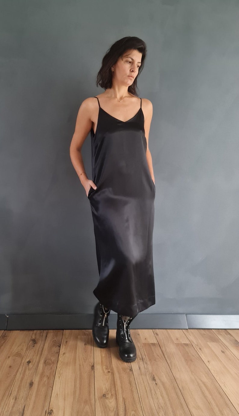 Silk Slip Dress, Black Silk Dress, Cocktail Silk Dress, Black Strappy Dress, Midi Slip Dress, Dress, Women Silk Dress, Silk Strappy Dress image 6