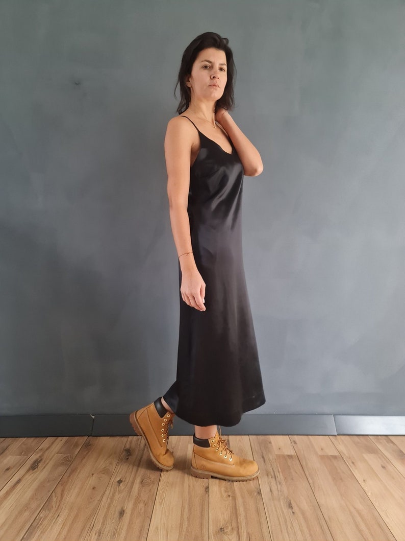 Silk Slip Dress, Black Silk Dress, Cocktail Silk Dress, Black Strappy Dress, Midi Slip Dress, Dress, Women Silk Dress, Silk Strappy Dress image 5