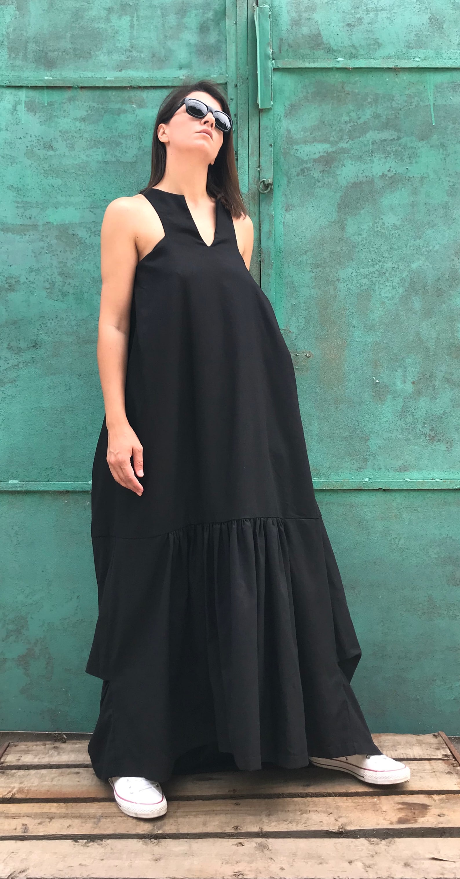 Black Linen Mock Neck Maxi Dress main image 1