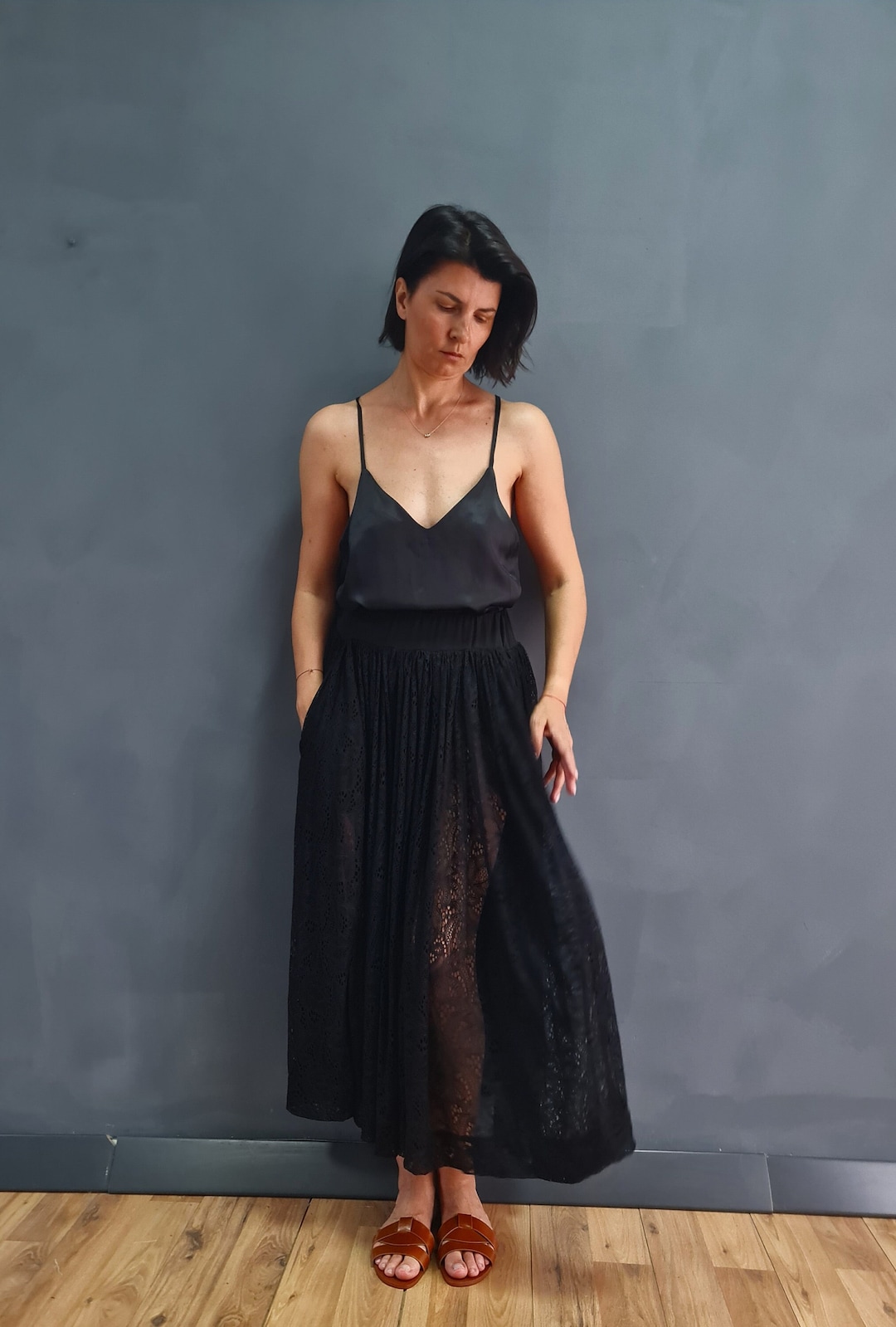 Sheer Overlay Long Flounce Skirt