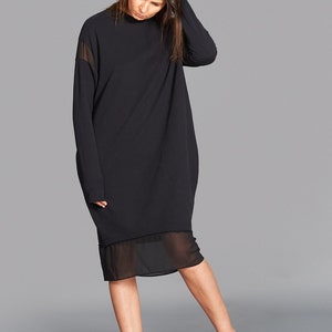 Black Midi Dress, Minimalist Dress, Long Sleeved Dress, Formal Dress, Black Dress, Cotton Dress, Knee Length Dress, Midi Dress, Black Tunic image 2