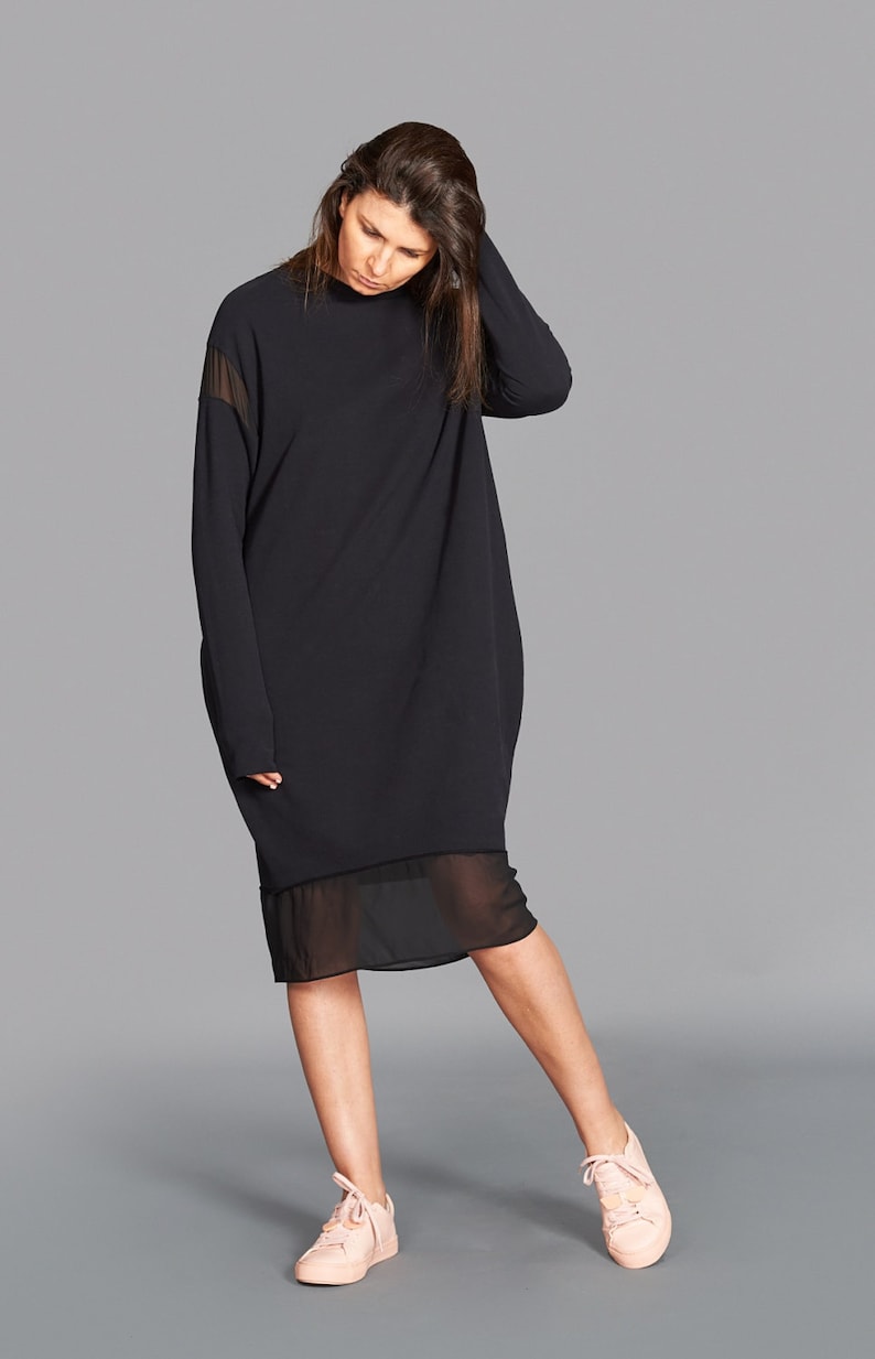 Black Midi Dress, Minimalist Dress, Long Sleeved Dress, Formal Dress, Black Dress, Cotton Dress, Knee Length Dress, Midi Dress, Black Tunic image 2