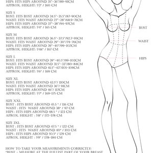 May include: A black and white line drawing of a human figure with labels for bust, waist, and hips. The image includes a detailed size chart listing measurements in inches and centimeters for sizes XS through 3XL, along with instructions on how to measure.