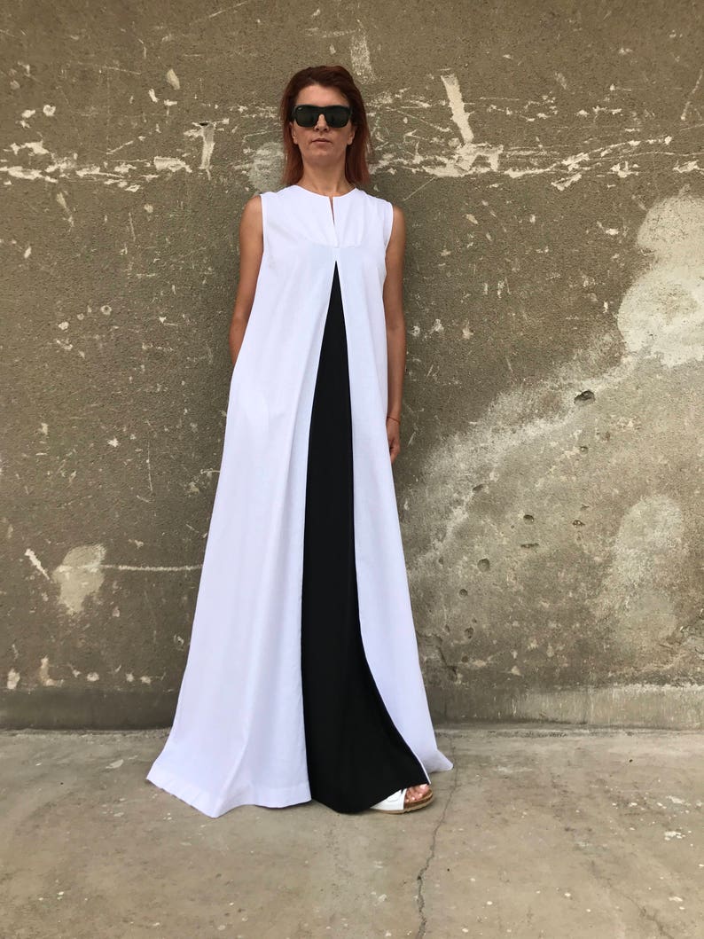 White Linen Dress, Plus Size Linen Dress, Linen Maxi Dress, White Kaftan, Avant Garde Linen, White Dress, Casual Dress,Black And White Dress image 8