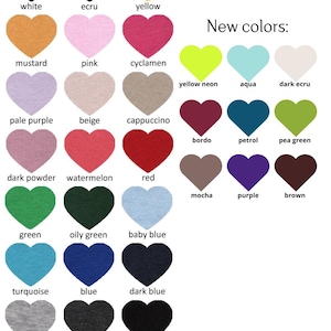 May include: A chart of heart-shaped fabric swatches in various colors, including white, ecru, yellow, mustard, pink, cyclamen, pale purple, beige, cappuccino, dark powder, watermelon, red, green, oily green, baby blue, turquoise, blue, dark blue, light grey, dark grey, black, yellow neon, aqua, dark ecru, bordo, petrol, pea green, mocha, and purple. The chart is titled "DOROTEYYA TSARSKA" and "New colors:".