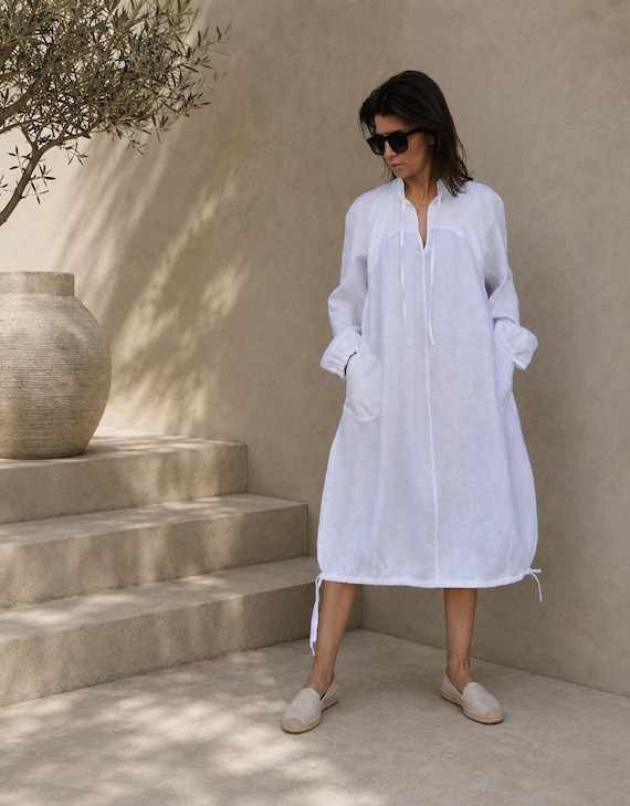 White Linen Balloon Dress, Elegant Loose Fit Summer Statement Piece, Minimalist Linen Kaftan, European Slow Fashion Midi with Pockets White Linen Balloon Dress, Elegant Loose Fit Summer Statement Piece, Minimalist Linen Kaftan, European Slow Fashion Midi with Pockets