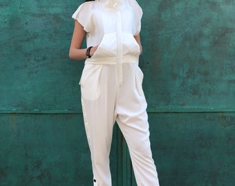 White Tencel Jumpsuit, All White Jumpsuit, White  Tencel Long Johns, Tencel Romper, Short Sleeves Jumpsuit, Womens Jumpsuit, Tencel Jumpsuit