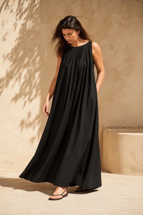 Black Maxi Dress, Sleeveless A-line, Flowy Summer Gown With Pockets