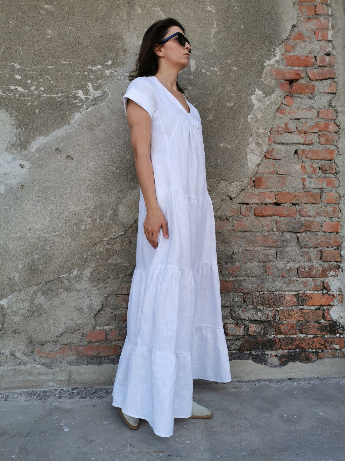 Long White Linen Dress Pure Linen Dress Short Sleeves Linen Etsy