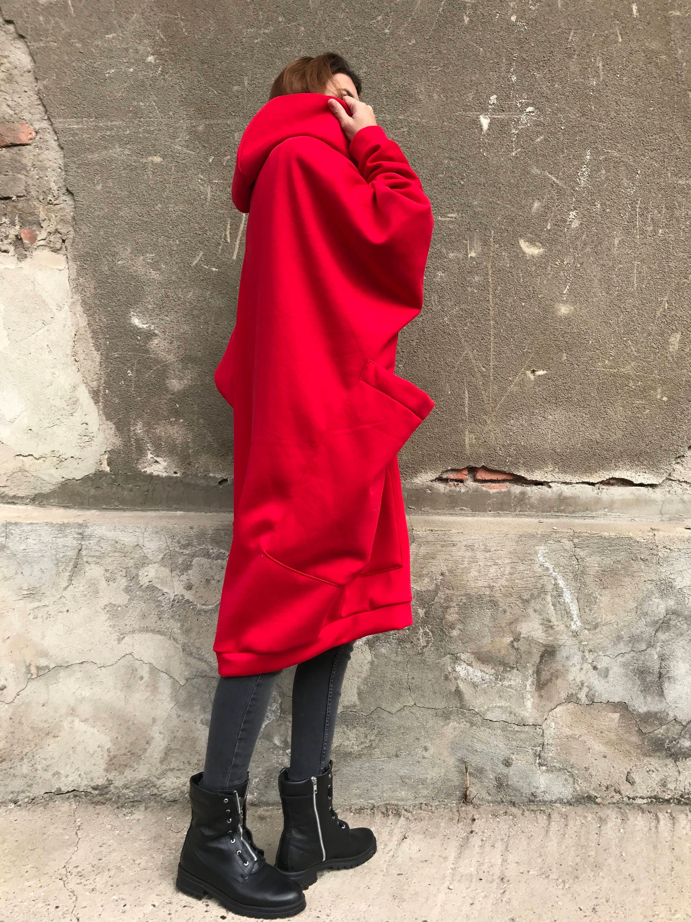 Red Cotton Coat With Big Pockets, Oversized Style Jacket Red Cotton Coat With Big Pockets, Oversized Style Jacket