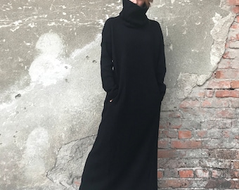 Robe longue grande taille, robe pull en tricot, robe longue longue, robe longue d'hiver, robe pour femme, robe élégante, robe noire, vêtements bohème