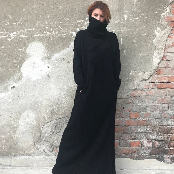 Robe longue grande taille, robe pull en tricot, robe longue longue, robe longue d'hiver, robe pour femme, robe élégante, robe noire, vêtements bohème