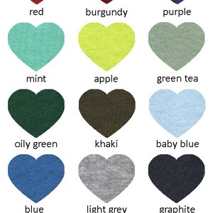 May include: A chart of 14 heart-shaped fabric swatches in various colors, including red, burgundy, purple, mint, apple green, green tea, oily green, khaki, baby blue, blue, light grey, graphite, brown, and black. The text "DOROTEYYA TSARSKA" is at the top of the chart.