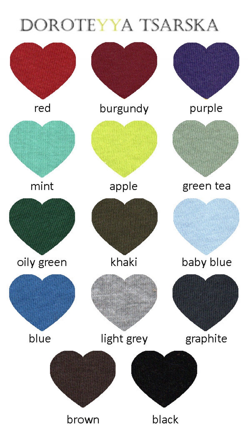 May include: A chart of 14 heart-shaped fabric swatches in various colors, including red, burgundy, purple, mint, apple green, green tea, oily green, khaki, baby blue, blue, light grey, graphite, brown, and black. The text "DOROTEYYA TSARSKA" is at the top of the chart.